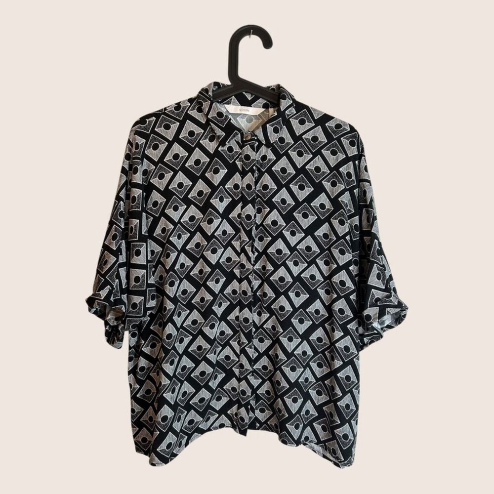 🖤 NUMPH BUTTON UP BLOUSE GEOMETRIC BLACK WHITE DESIGN SIZE EU 38 LARGE